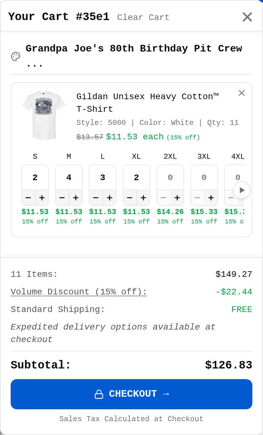 The cart panel showing the Grandpa Joe tee, size quantities, a 15% volume discount, free shipping, the subtotal and a blue Checkout button