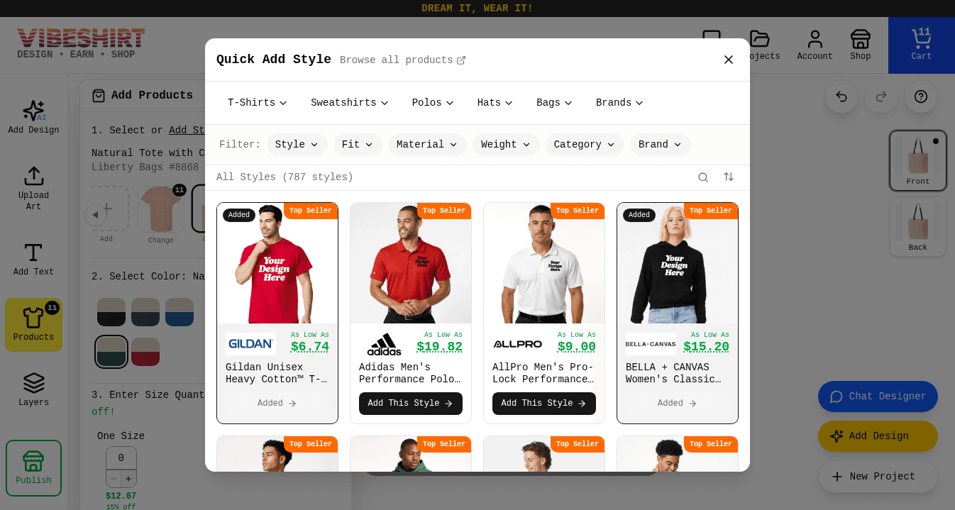 The Quick Add Style menu with T-Shirts, Sweatshirts, Polos, Hats, Bags and Brands tabs above a grid of products