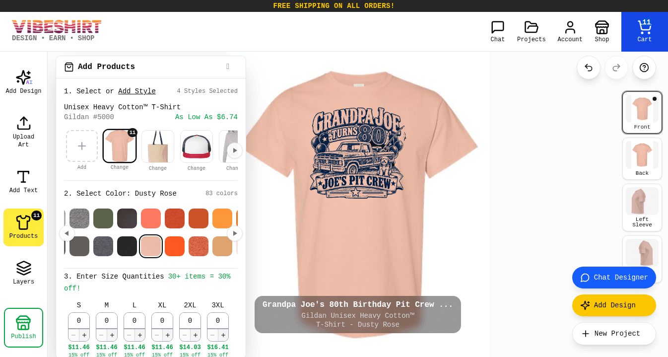 The birthday tee shown in Dusty Rose with the color swatches in the Products panel
