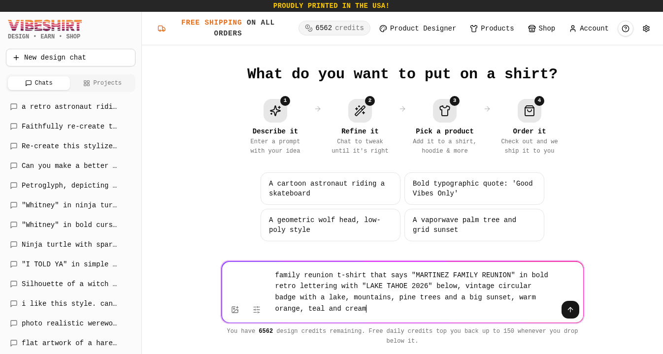A prompt for a Martinez Family Reunion, Lake Tahoe 2026 badge typed into the Chat Designer prompt box