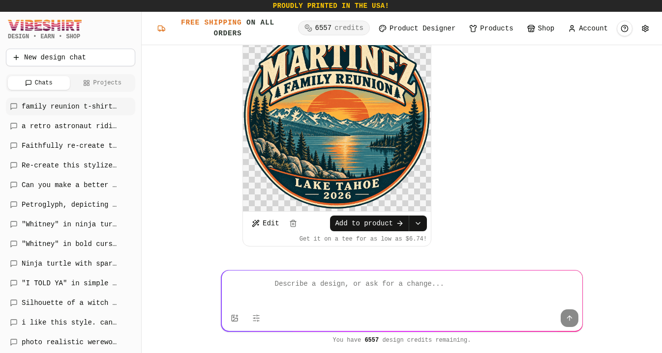 The generated Martinez Family Reunion badge with a lake, mountains, pines, and sunset, shown in the chat with Edit and Add to product buttons