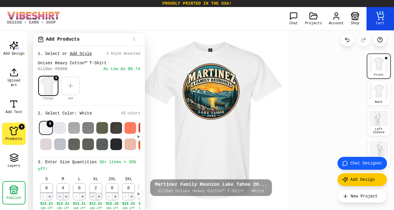 The Add Products panel with quantities entered for the reunion tee in white