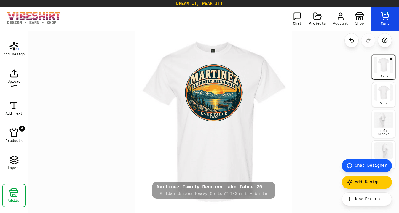 The Product Designer with the Martinez Family Reunion badge on the front of a white t-shirt