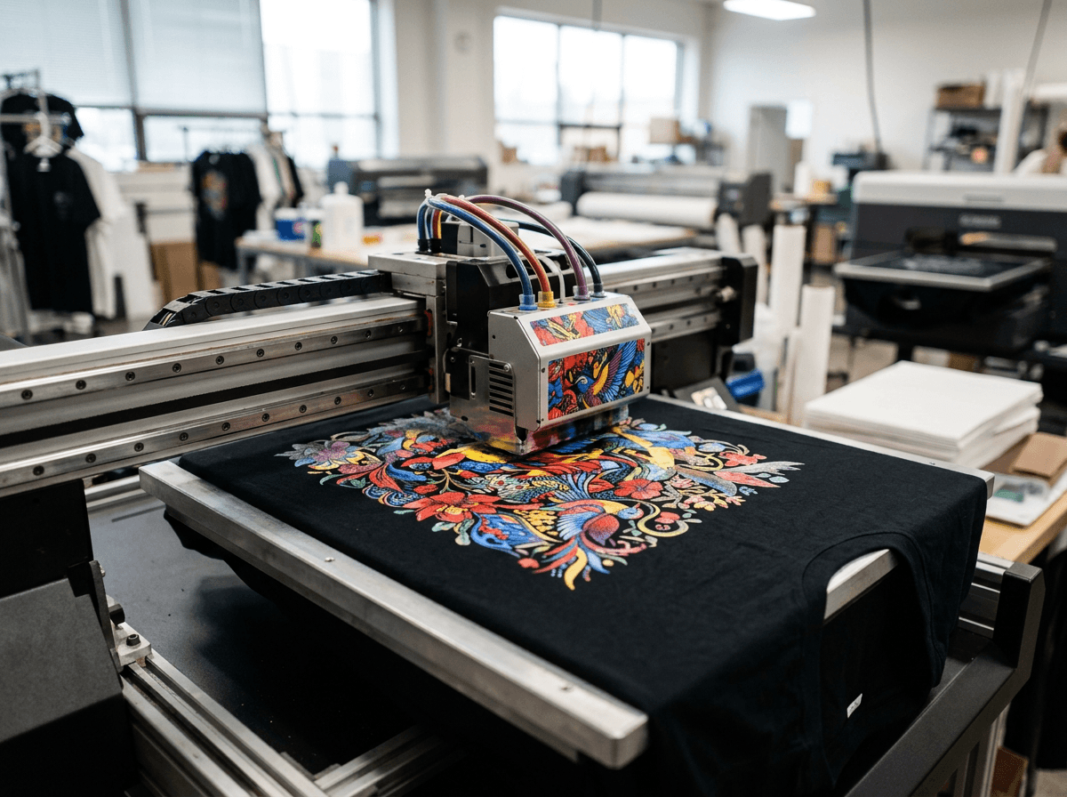 A direct-to-garment printer printing a colorful design onto a black t-shirt