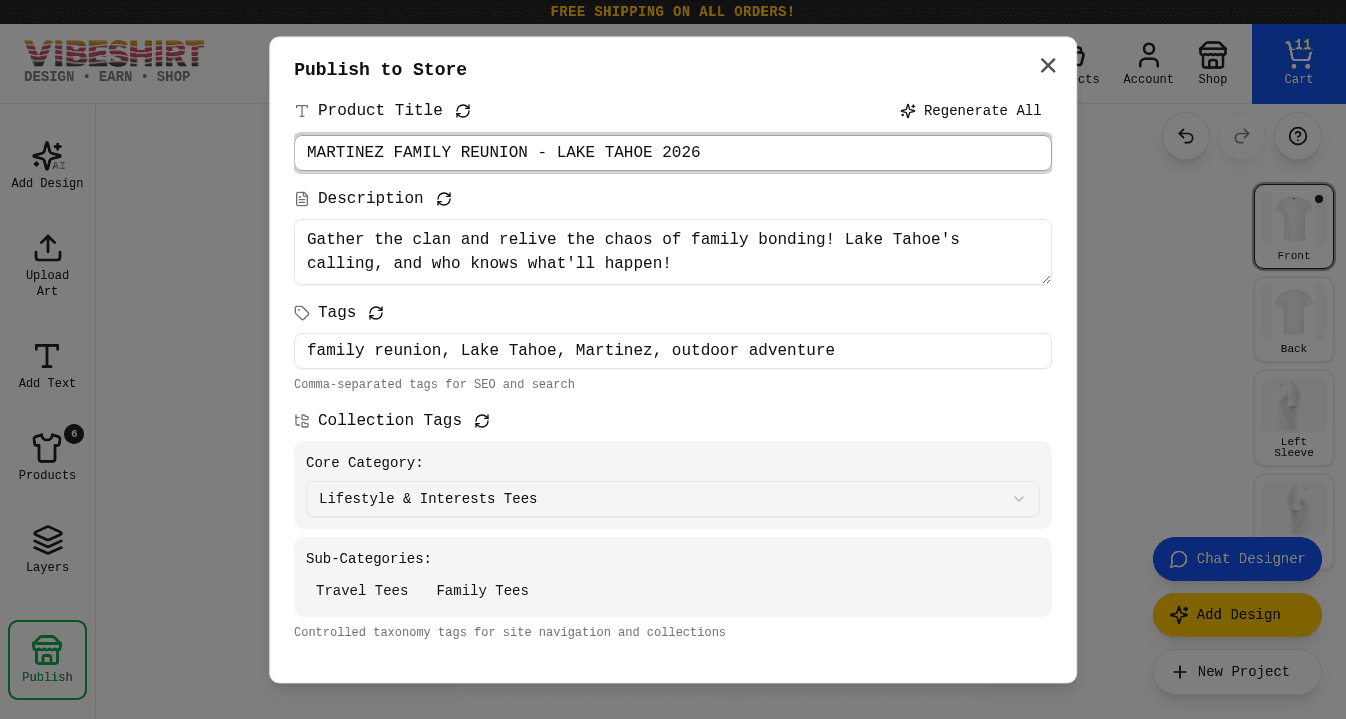 The Publish to Store dialog with AI-filled product title, description, tags, and collection