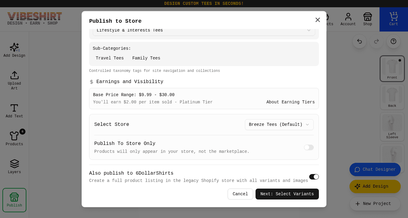 The Earnings and Visibility section with store selector, Store Only toggle, upcharge field, and 6DollarShirts toggle