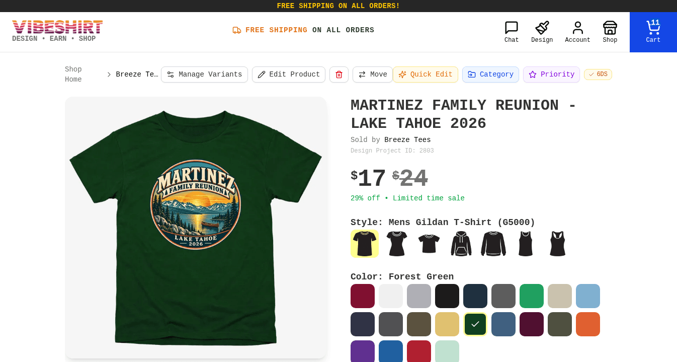 A newly published product page showing the shirt, price, styles, and colors, with owner tools along the top