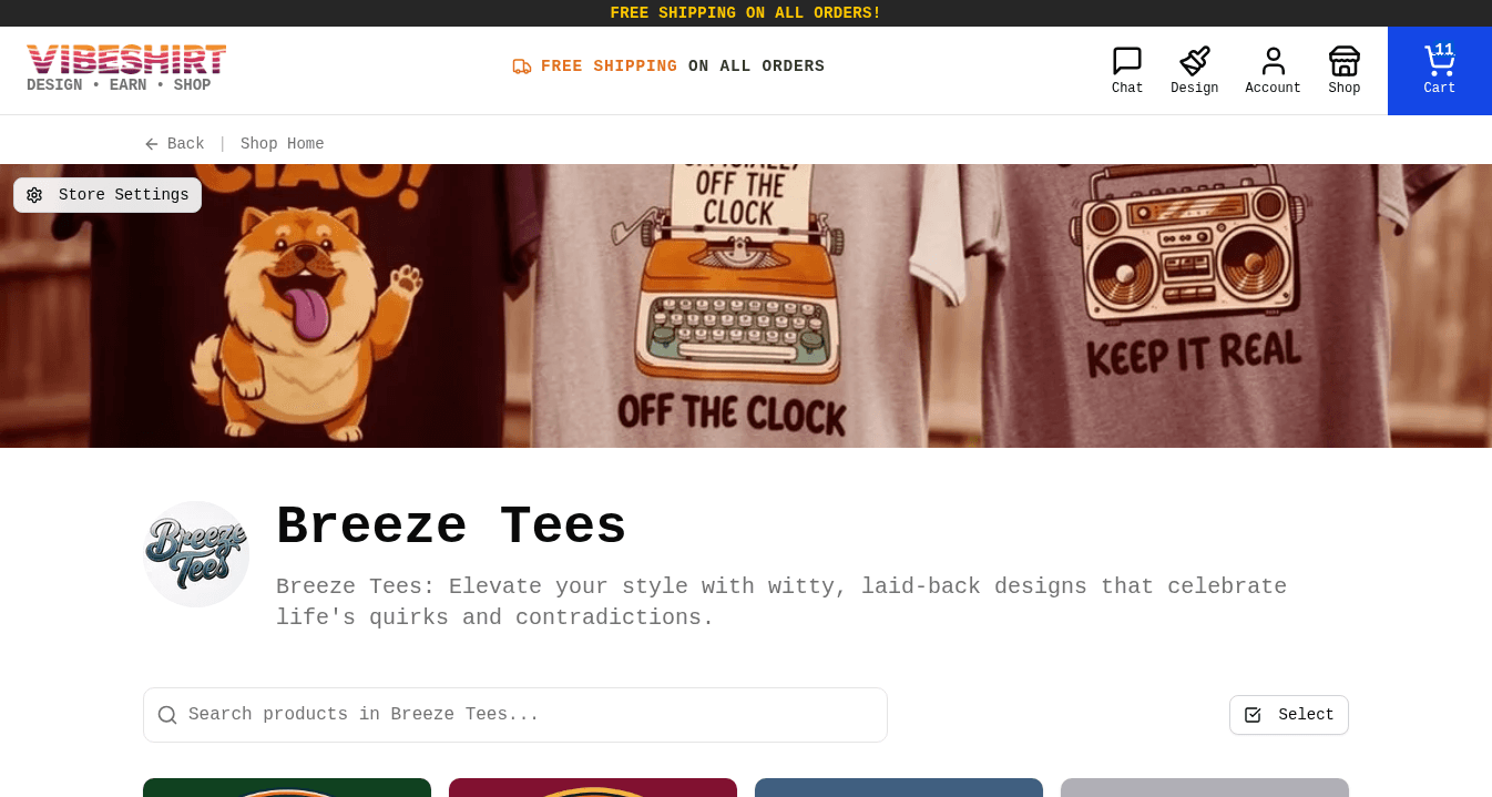 A creator store page with a banner, logo, description, and product search