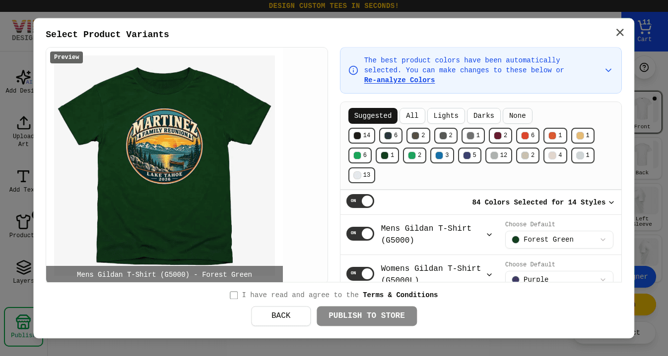 The Select Product Variants dialog with a mockup preview, color filters, and a list of shirt styles