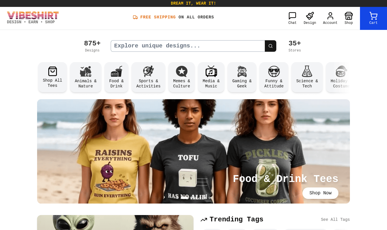 The VibeShirt Shop with search, categories, and a featured banner