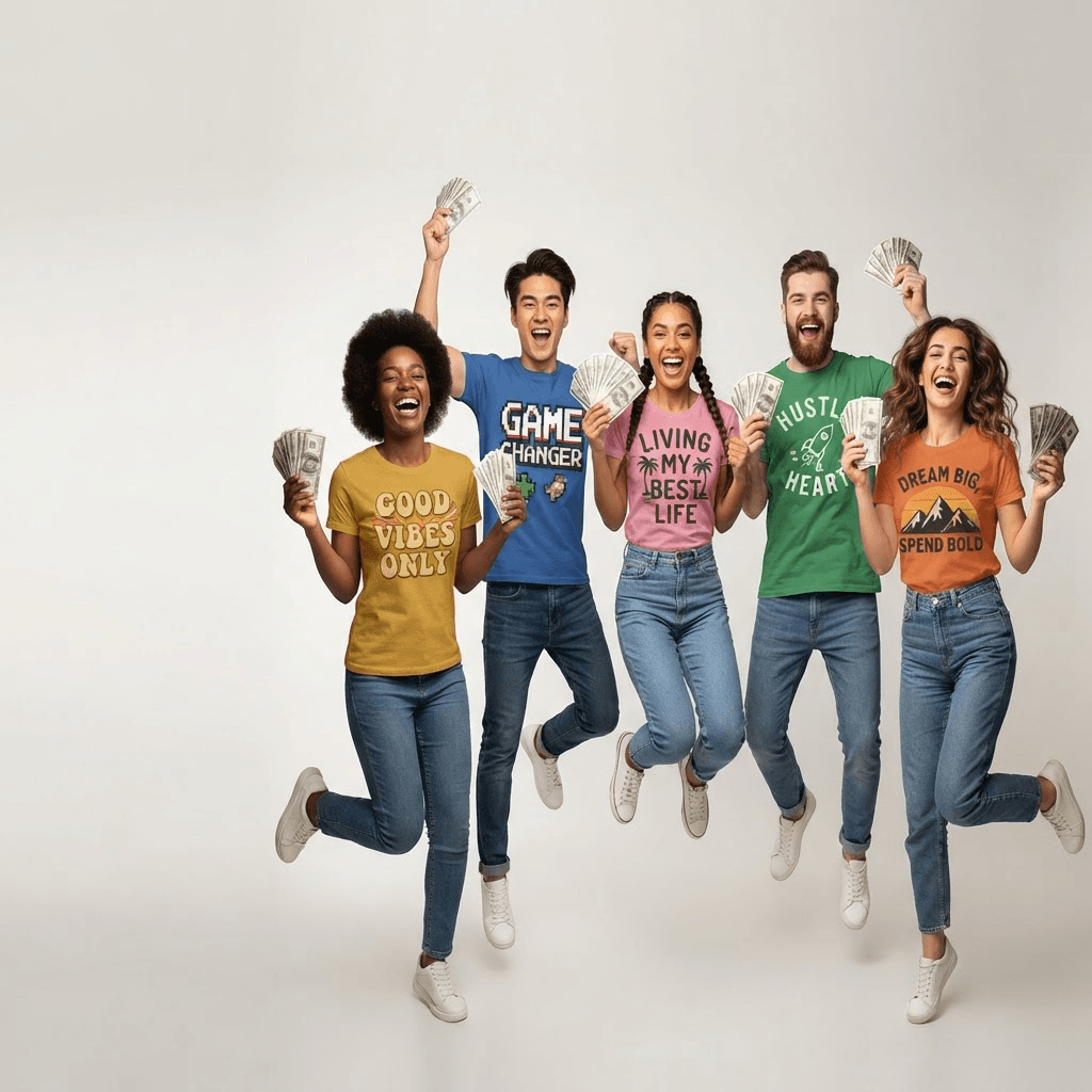 Creators wearing published marketplace designs and celebrating their earnings