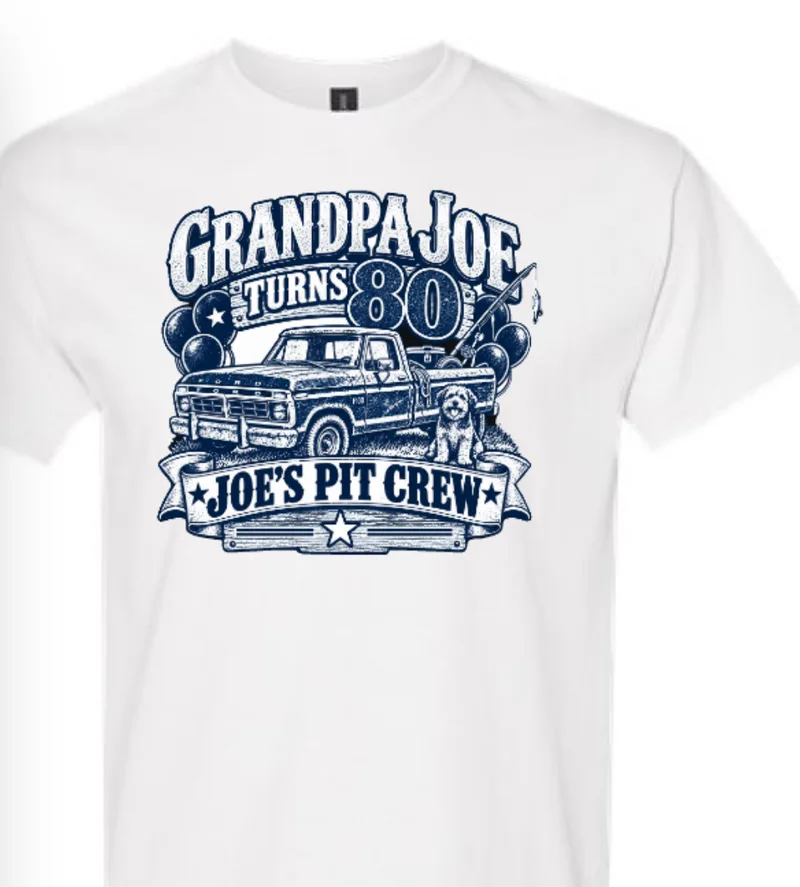 Finished design printed on a white custom t-shirt